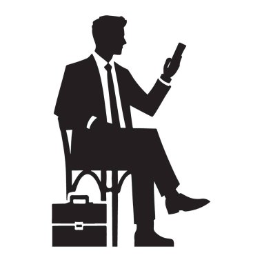 Sandalyede oturan takım elbiseli bir iş adamının silüeti. Yanında evrak çantasıyla akıllı telefonunu kontrol ediyor. İşle ilgili grafik tasarımları için mükemmel.