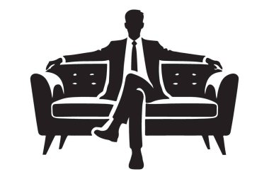 Kendine güvenen bir iş adamının silueti koltukta dinleniyor. Profesyonel başarı ve rahatlama sergilemek için mükemmel bir vektör çizimi..