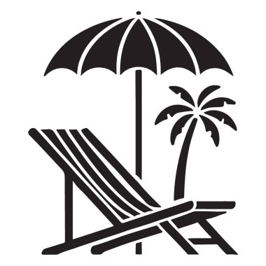 Plaj sandalyesi, şemsiye ve palmiye ağacının rahatlatıcı bir sahnesi. Tropik bir tatil ve tatil kaçamağının özünü çağrıştırıyor..