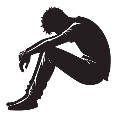 Elleri başında oturan bir kişinin silueti depresyonu, üzüntüyü ve zihinsel sağlık sorunlarını simgeliyor. Farkındalık kampanyaları için ideal.