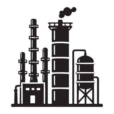 Üretim, üretim ve endüstriyel süreçleri temsil eden bir sanayi fabrikasının çizimi. Sanayi ve altyapının görsel bir sembolüne ihtiyaç duyan projeler için ideal.