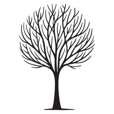 Dallarının karmaşık detaylarını gösteren çıplak bir ağacın vektör çizimi. Doğa temalı tasarımlar ya da kış sahneleri için ideal. Siyah siluet.