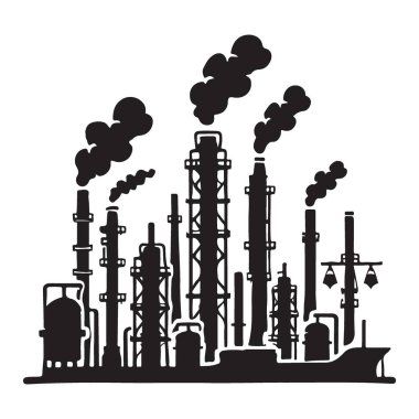Kirliliği ve sanayinin çevre üzerindeki etkisini sembolize eden duman yığınlarıyla bir sanayi fabrikasının siyah-beyaz çizimi. Siyah siluet.