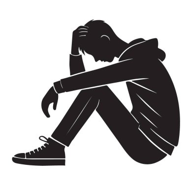 Yalnız oturan, depresyon ve üzüntü duygularını ifade eden genç bir adamın dokunaklı silueti. Bu güçlü görüntü yalnızlığın ve umutsuzluğun duygusunu yakalar..