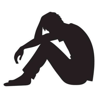 Bu silüet, depresyonda olan üzgün bir adamı ve duygusal destek ihtiyacını tasvir ediyor. Zihinsel refahla mücadelenin görsel bir temsili..