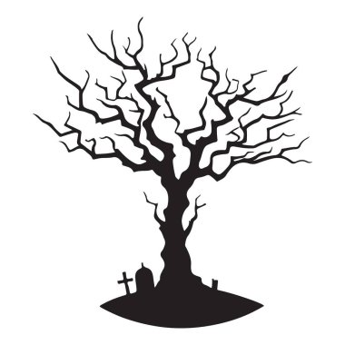 Ürkütücü bir mezarlık ortamındaki siluet ölü bir ağacın vektör çizimi, küçük bir mezar taşıyla birlikte. Cadılar Bayramı temalı tasarımlar ve ürkütücü manzaralar için mükemmel..