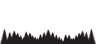 Çeşitli ağaç yüksekliklerine sahip ayrıntılı siluet orman illüstrasyonu, web sitesi başlıkları, doğa temalı grafikler veya arkaplan tasarımları için mükemmel.