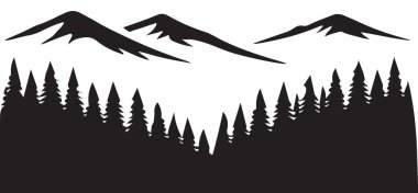 Dağlar ve sık bir ormanın yer aldığı çarpıcı bir siluet çizimi. Açık hava macera temaları, logolar ve manzara tasarımları için mükemmel..