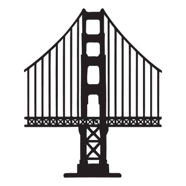 İkonik Golden Gate Köprüsü silüeti çizimi, seyahat tasarımları, San Francisco temaları veya mimari projeler için mükemmel. Çarpıcı bir siyah beyaz grafik.
