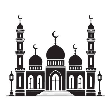 İçinde minareler ve kubbeler bulunan karmaşık bir cami tasarımı. Web sitelerine, sunumlara veya basılı materyallere İslami bir dokunuş eklemek için mükemmel.