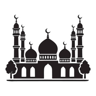 Ağaçlar gibi çevresel detaylara sahip caminin silueti, tasarım için dini illüstrasyonlara huzur ve doğa katar..