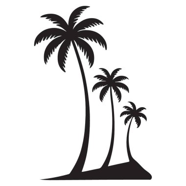 Tropikal bir adayı çağrıştıran küçük bir tepecikte birkaç palmiye ağacının silueti. Yaz tatili temaları ve tasarımları için mükemmel..