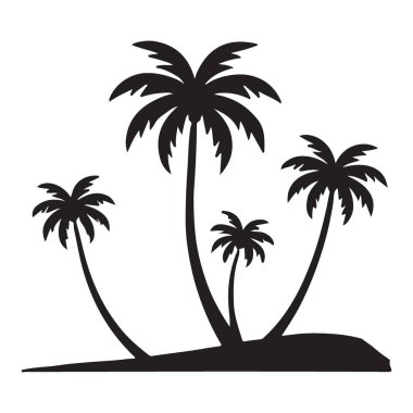 Bu vektör illüstrasyonunda küçük bir adadaki dört palmiye ağacının silueti yer alır. Yaz tatili ya da tropik bir kaçamak için mükemmel..