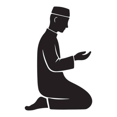 Müslüman bir adamın dua pozisyonunda olduğunu gösteren silüet bir vektör çizimi. İslami tasarım projeleri, dini içerik ve kültürel çizimler için mükemmel. Alçakgönüllülük ve bağlılık tasvir eder..