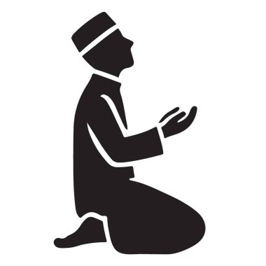 Bu siluet sanat eseri İslam geleneğinde dua eden bir adamı tasvir ediyor. Dini eğitim, kültürel temsil ve inanç ve maneviyatla ilgili tasarımlar için çok yönlü bir grafik..