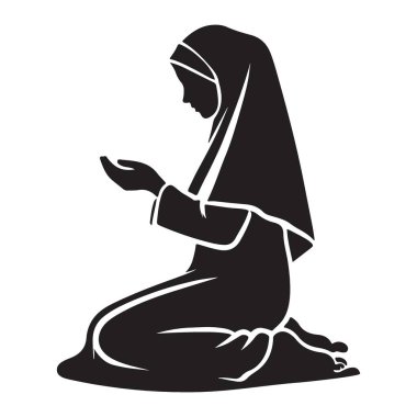 Müslüman bir kadının siluet vektör sanatı, tesettüre bürünmüş. İslam temalı tasarımlar, eğitim materyali ve çeşitliliği ve dini uygulamalara saygıyı destekleyen grafikler için ideal.