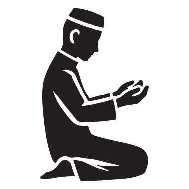 Geleneksel bir şapkayla Müslüman bir adamın diz çöküp dua edişinin vektör silüeti. Dini temalar ve kültürel temsil için ideal.