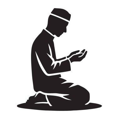 Müslüman bir adamın diz çöküp dua edişinin silüeti. Basit ve zarif bir vektör tasarımı ile bağlılığı ve inancı gösterir..