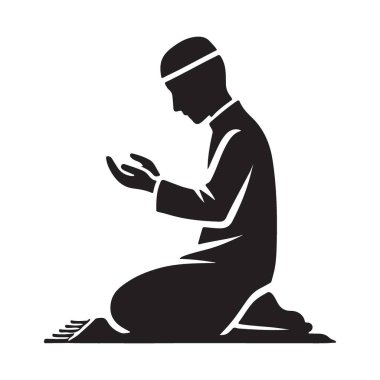 Müslüman bir adamın silüet içinde, geleneksel İslami giysiler içinde ibadet edişinin vektör çizimi. Bu sanat eseri bir bağlılık anını yakalıyor..