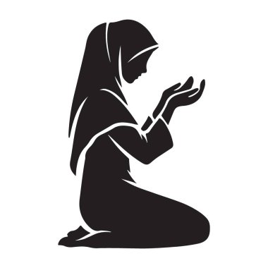 İbadet eden Müslüman bir kadının silüet çizelgesi. Diz çökmüş, ibadet ederken elleri havada. Bu sanat dinsel bağlılığı ve barışı temsil eder..