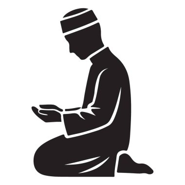 İnancını ve bağlılığını simgeleyen, dua ederek diz çöken Müslüman bir adamın silüeti. Basit ve güçlü bir görsel sanat eseri..