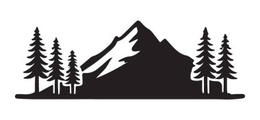 Çam ağaçları olan görkemli dağ manzarası, doğa temalı tasarımlar için mükemmel. Bu siluet vektör resmi manzara arkaplanı, açık hava macera grafikleri için idealdir.