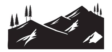 Ağaçlı bir dağ manzarasının çarpıcı silüet vektör çizimi. Doğa severler için mükemmel, açık hava macera temaları, ve vahşi doğanın dokunuşuna ihtiyaç duyan grafik tasarım projeleri..