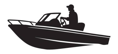 Siluet vektör sanatı. Şoförlü bir tekne. Tekne, eğlence ve deniz aktiviteleriyle ilgili tasarımlar için uygundur..