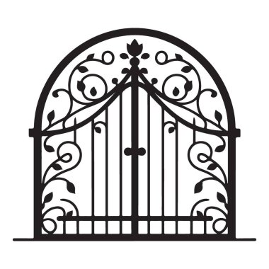 Süslü bir kapının ayrıntılı vektör çizimi, mülklerle, bahçelerle ve lüks mülklerle ilgili tasarımlar için idealdir. Özellikleri karmaşık çiçek ve kaydırma ayrıntıları.