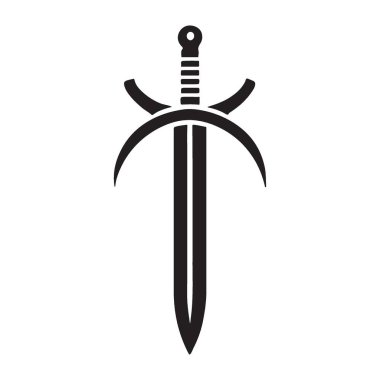 Kalın kılıç ve hilal ay silueti vektörü. Fantezi oyunları, logolar ve mistik tasarımlar için ideal. Güç ve büyünün güçlü bir sembolü, çeşitli yaratıcı projeler için mükemmel..