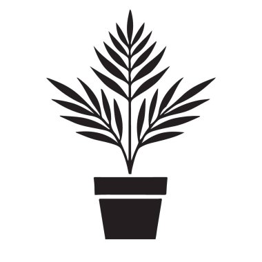 Kavanozdaki bir palmiye bitkisinin silüeti. Tropikal temalar ve herhangi bir tasarım projesine biraz tropik hava katmak için mükemmel. Vektör biçimi.