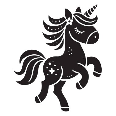Tek boynuzlu atın büyüleyici bir silueti. Çocuk tasarımları için mükemmel. Bu büyülü yaratık herhangi bir projeye harika bir katkı sağlar..