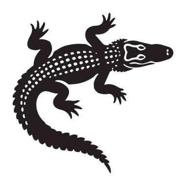 Bu çizimler benekli bir timsahı gösteren bir vektör çizimi. Bu siluet tarzı sürüngen çizimi, hayvan projeleri gibi çeşitli yaratıcı uygulamalara benzersiz bir görüntü kazandırıyor..