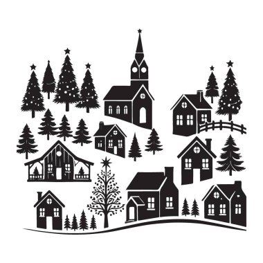 Kış köyü sahnesinin büyüleyici bir silueti. Bir kilise, rahat evler ve süslü Noel ağaçları. Tatil temalı tasarımlar için mükemmel..