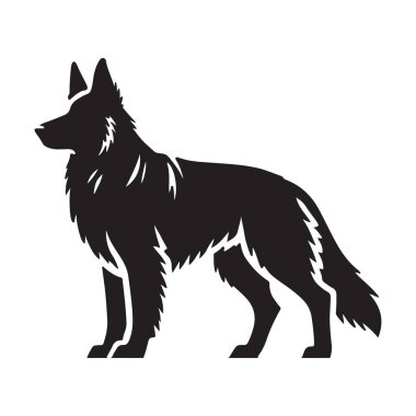Gururla ayakta duran güçlü bir Alman çoban köpeği silueti. Bu vektör çizimi, bu sevilen türün asil ve zeki doğasını yansıtır..