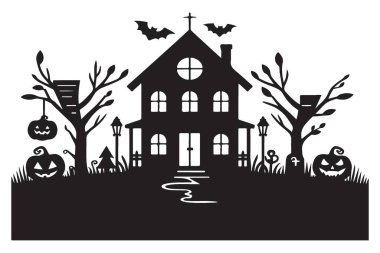 Ürkütücü bir perili evin Cadılar Bayramı çizimi. Cadılar Bayramı dekorasyonu ve el işi projeleri için mükemmel. Bu siluet vektör resmini indir.