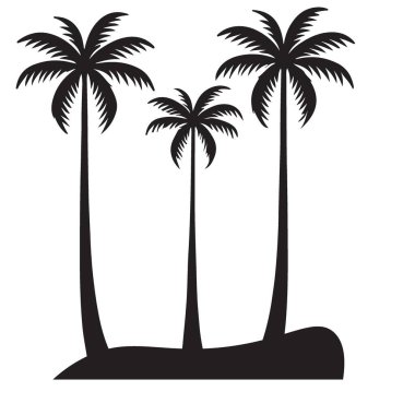 Küçük bir adada büyüyen üç palmiye ağacından oluşan siyah bir siluet içeren minimalist bir vektör grafik şablonu. Logolar, posterler ve çeşitli tasarım projeleri için mükemmel..