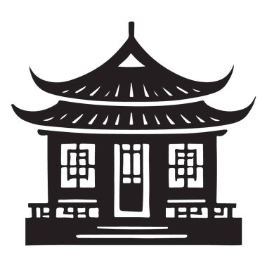 Asya tapınağı tasarımının siluet vektör grafiği. Asya mimarisi, kültürü veya maneviyatıyla ilgili projeler için elverişli.