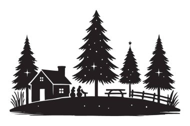 Sakin kış manzarası siluet vektör çizimi. Karla kaplı ağaçlar ve büyüleyici bir evin olduğu samimi bir Noel sahnesi. Tatil kartları, dekorasyonlar ve tasarımlar için mükemmel..
