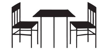 İki sandalyeli bir masanın modern bir silüeti. İç dizayn projeleri, mobilya mağazaları ya da herhangi bir minimalist grafik için mükemmel. Vektör biçiminde ölçeklendirilmesi ve özelleştirilmesi kolay.
