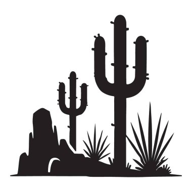 Kaktüslü Siluet Çöl Sahnesi ve Kaya oluşumları Doğa Çizimi