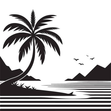 Siyah ve Beyaz Tropikal Plaj Palmiye Ağacı Siluet Vektörü