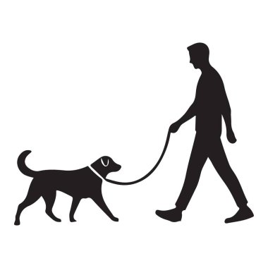 Tasma vektör illüstrasyonunda köpek gezdiren bir adamın silüeti.