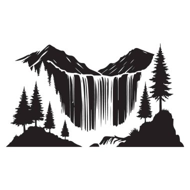 Şelale dağ manzarası doğa illüstrasyon Vektör siyah siluet sanat