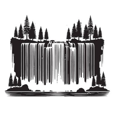 Basit doğa şelalesi manzarası illüstrasyon Vektör siyah ve beyaz sanat