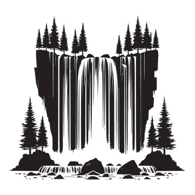 Görkemli Şelale Sahnesi Ağaçlı Siyah Siluet Vektör Sanatı