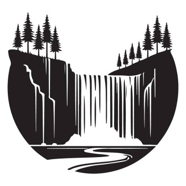Dairesel Şelale Manzarası Orman Ağaçlı Siluet Vektör Sanatı