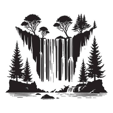 Ayrıntılı Şelale Silueti Görünüm Vektör Sanatı ve gür ağaçlar