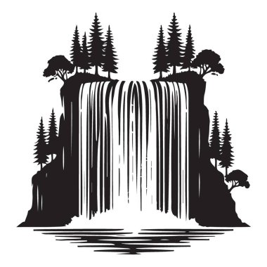 Manzaralı Şelale Manzarası Siluet Vektör Sanatı Ağaçların Çeşitliliğiyle