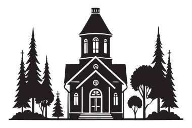 Ayrıntılı Kilise Binası Silueti Çam Ağaçları Manzarası Çizimi